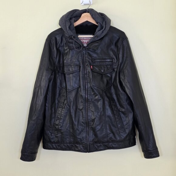 Levi's Trucker Jacket Men L Black Faux Leather LS Hooded Pockets Western Grunge - Picture 1 of 16